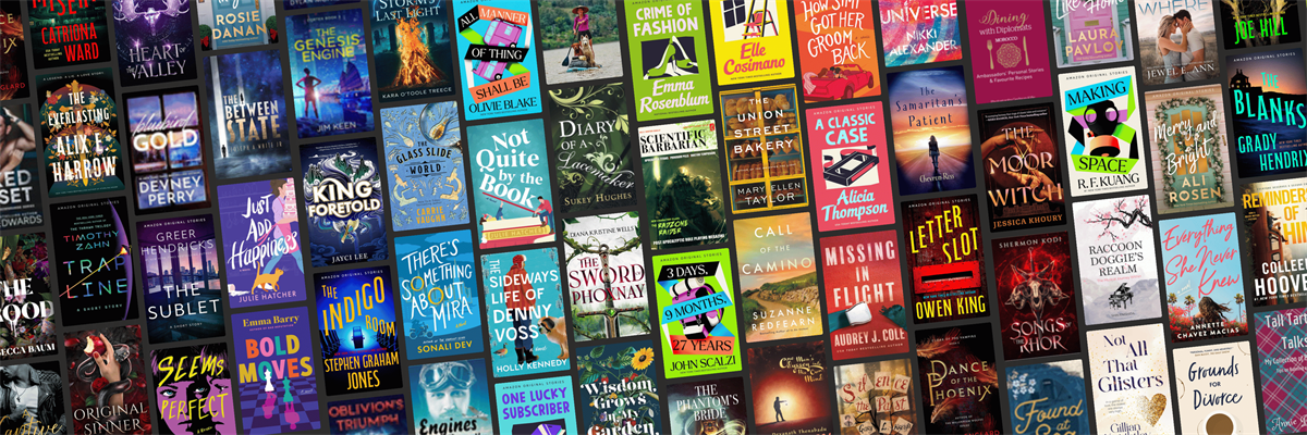 A grid of book covers, highlighting the work I've done. This includes bestselling authors such as RF Kuang, John Scalzi, Alix Harrow, Olivie Blake, Joe Hill, Grady Hendrix, Timothy Zahn, and Colleen Hoover.